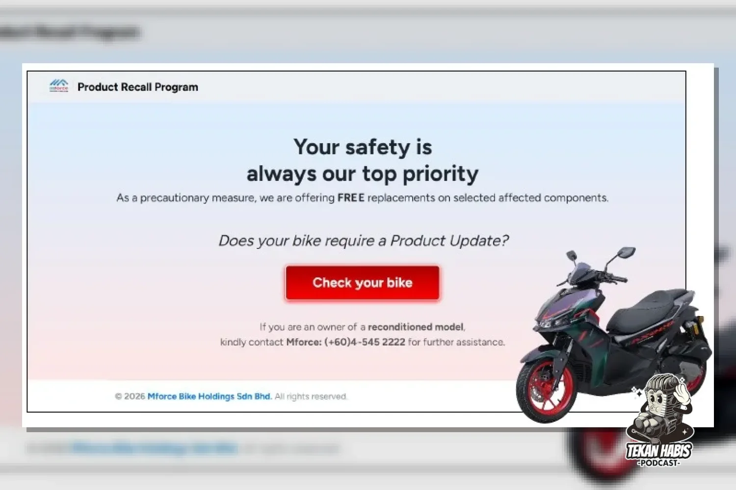Pemilik QJMotor AX200S diseru untuk berdafatar dan semak melalui pautan: https://productrecall.mforceservice.my/