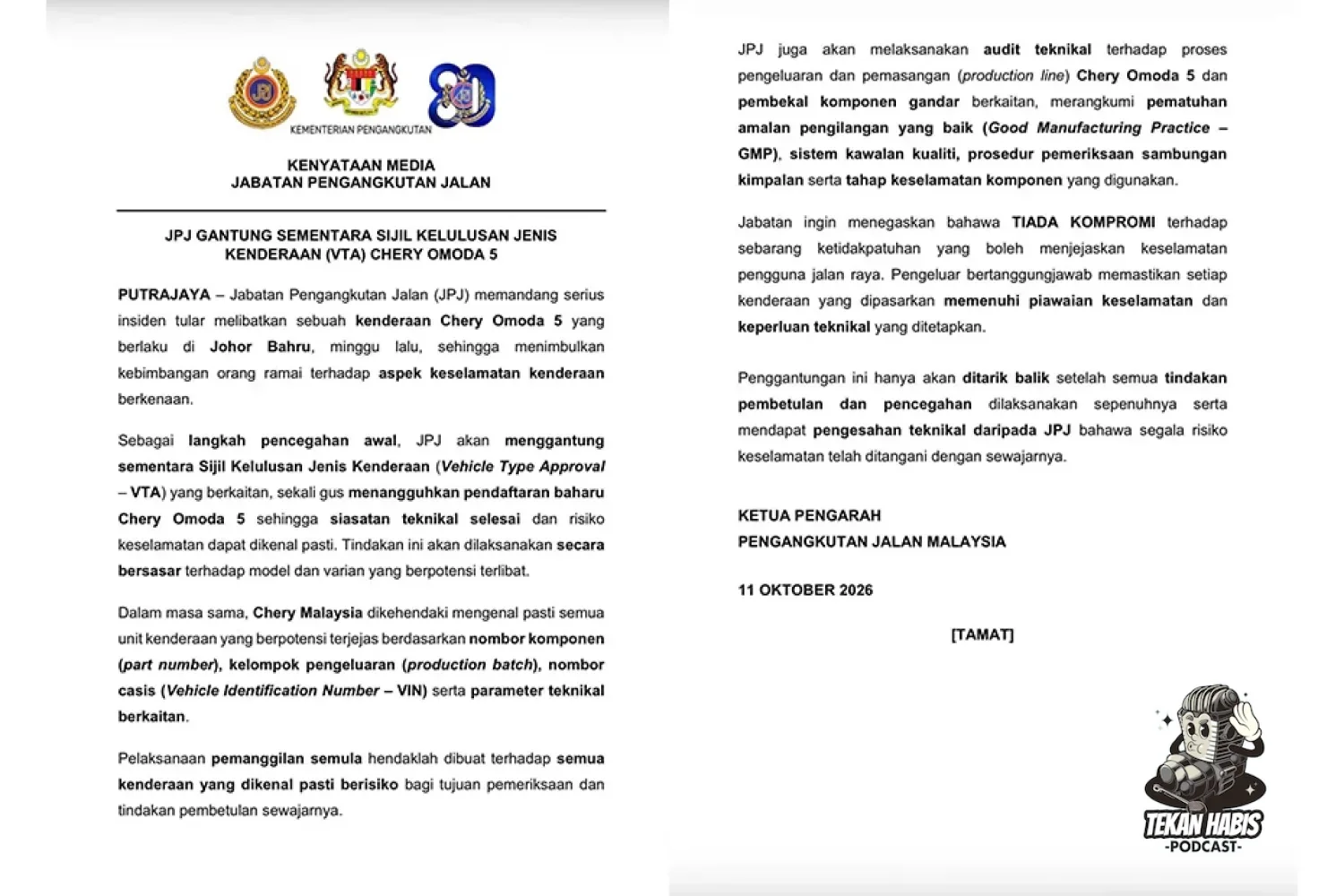 Kenyataan rasmi penggantungan VTA Chery Omoda 5 oleh JPJ. (Sumber: Facebook JPJ rasmi)
