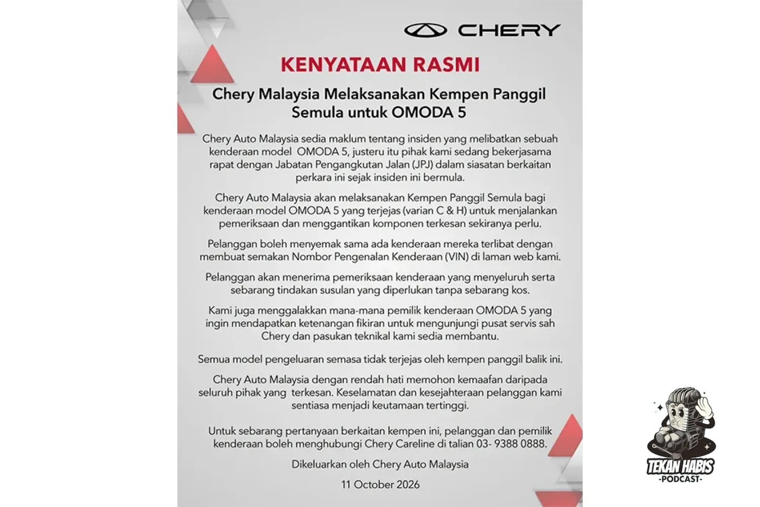 Kenyataan rasmi Chery Malaysia mengumumkan kempen panggilan semula baharu untuk model Omoda 5 susulan tindakan JPJ. (Sumber: Facebook Chery Malaysia rasmi)