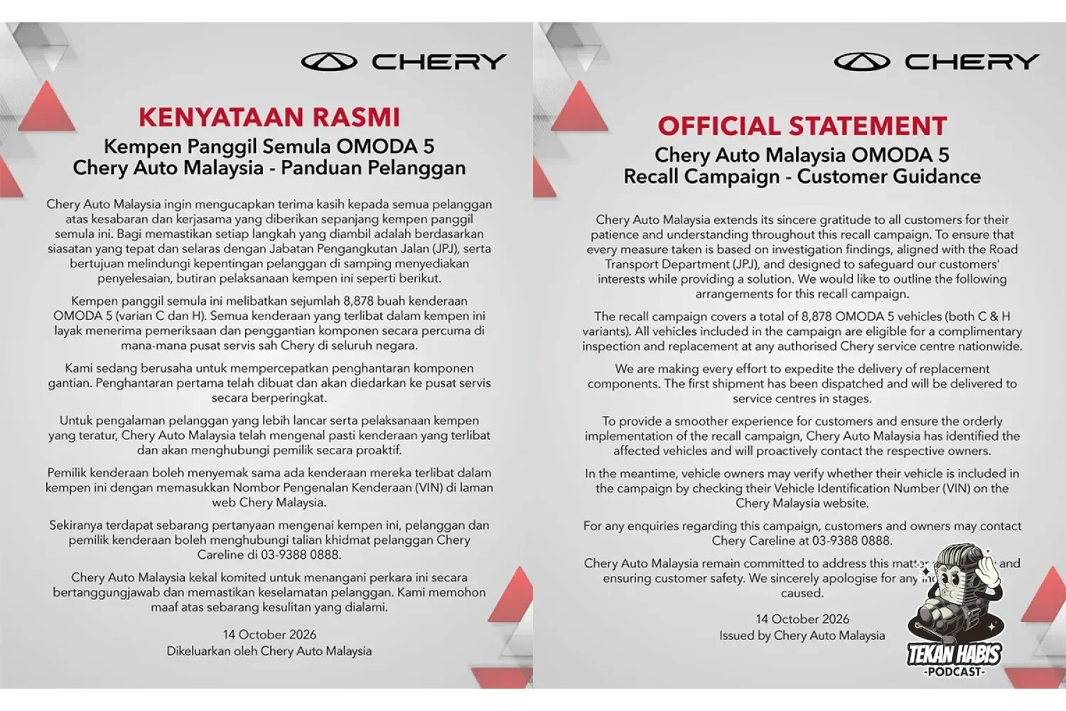 PANGGILAN SEMULA CHERY OMODA 5 – LEBIH 8,800 UNIT TERKESAN