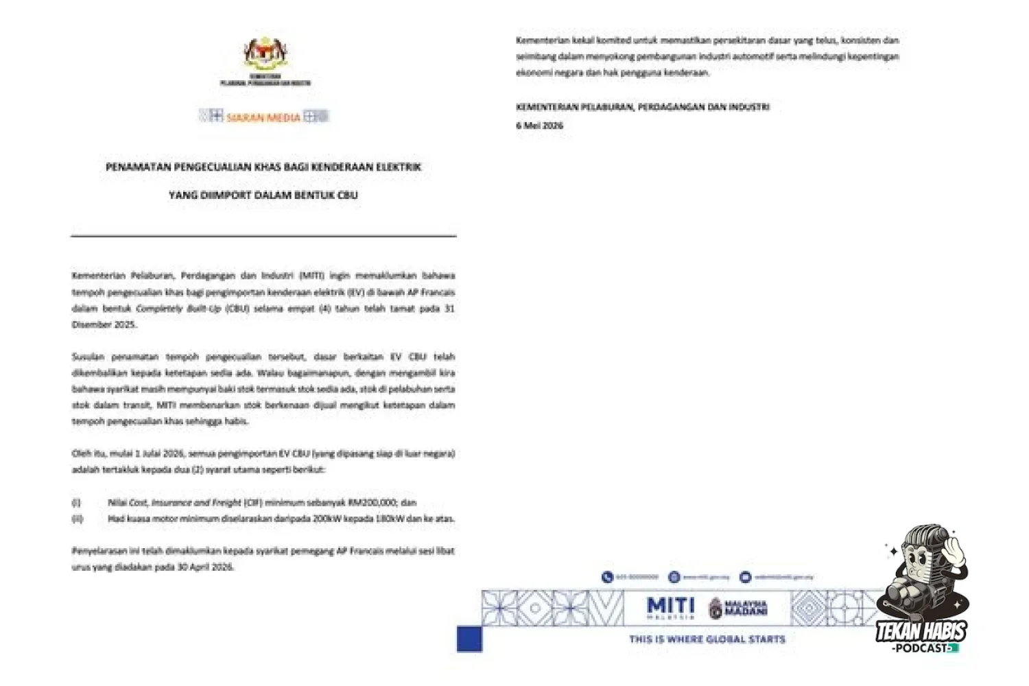 MITI Mengumumkan Penamatan Pengecualian Khas Bagi EV CBU